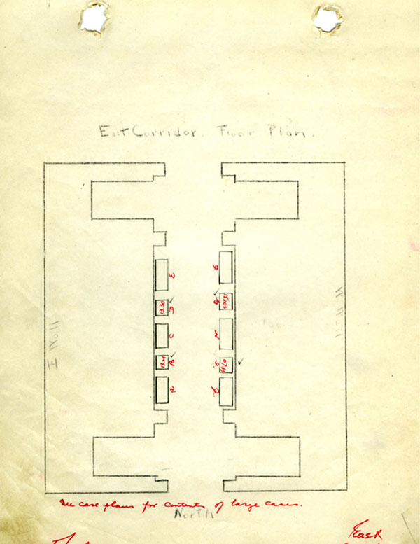 Fig. 6 Installation plans for four cases of jades (A, E, F, J) and two cases of bronzes (C, H) in the inaugural display of Chinese antiquities in the East Corridor of the Freer Gallery of Art, which opened on May 2, 1923.