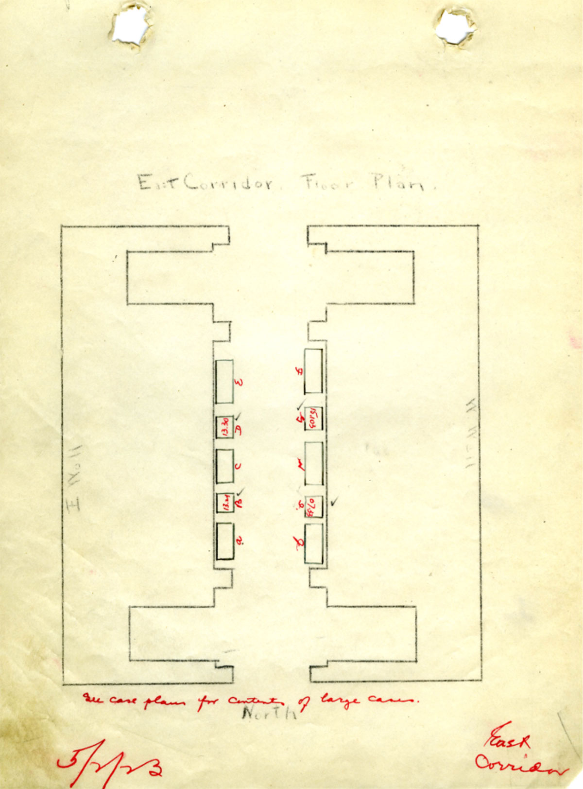Fig. 6 Installation plans for four cases of jades (A, E, F, J) and two cases of bronzes (C, H) in the inaugural display of Chinese antiquities in the East Corridor of the Freer Gallery of Art, which opened on May 2, 1923.